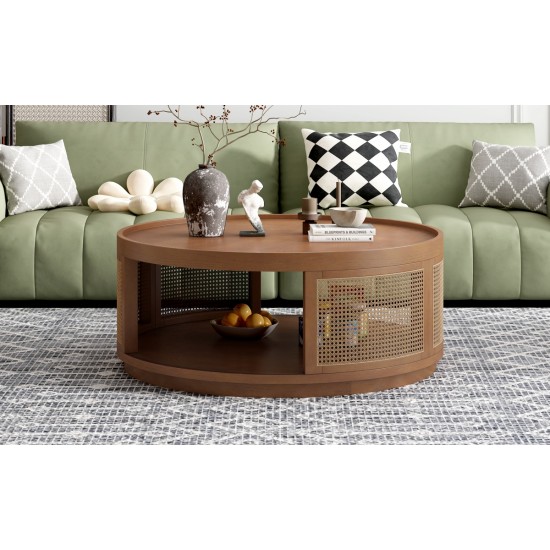 U-Can 37'' Wooden Mid-Century Modern Coffee Table, Round Cane Coffee Table with PE Rattan Side for Living Room,Brown