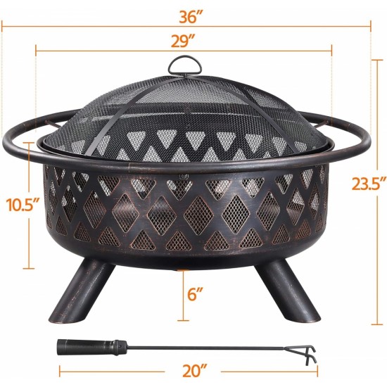 Fire Pit 36in Outdoor Wood Burning Fire Pits Wood Large Fire Bowl for Outside BBQ Bonfire Patio with Mesh Spark Screen, Poker and Rain Cover