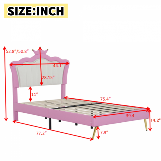 Twin Size Upholstered Bed Frame with LED Lights, Modern Upholstered Princess Bed with Crown Headboard, Pink+White