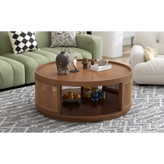 U-Can 37'' Wooden Mid-Century Modern Coffee Table, Round Cane Coffee Table with PE Rattan Side for Living Room,Brown