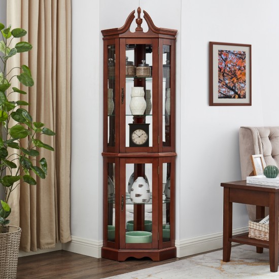 Walnut Corner Curio Cabinet with Lights, Adjustable Tempered Glass Shelves, Mirrored Back, Display Cabinet(E26 light bulb not included)