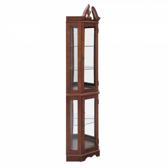 Walnut Corner Curio Cabinet with Lights, Adjustable Tempered Glass Shelves, Mirrored Back, Display Cabinet(E26 light bulb not included)