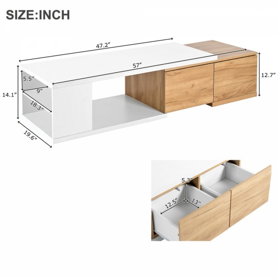 ON-TREND 47.2''-57''W Extendable Coffee Table with 2 Storage Drawers, Dual-tone Wood Center Table with Extendable Sliding Tabletop, Multi-functional Hidden Storage Sofa Table for Living Room, White