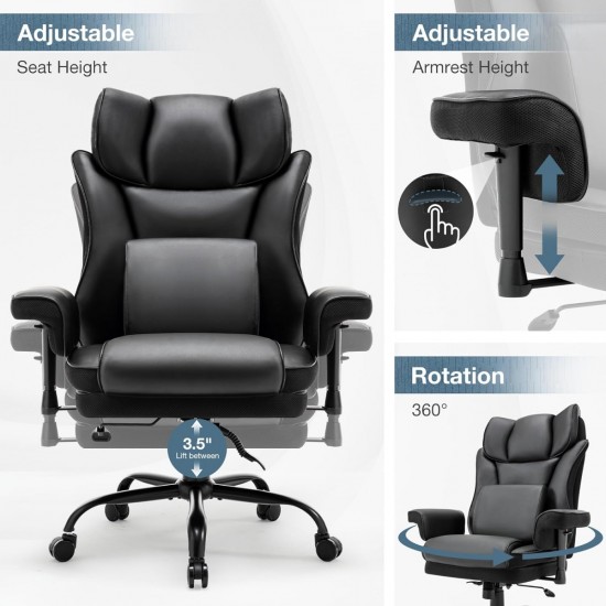 High Back Office Chair, 400lbs Rocking Desk Chair, Ergonomic Executive Office Chair with Adjustable Padded Armrest and Massage Lumbar Support, Adjustable Height Chair (Black)