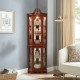 Walnut Corner Curio Cabinet with Lights, Adjustable Tempered Glass Shelves, Mirrored Back, Display Cabinet(E26 light bulb not included)