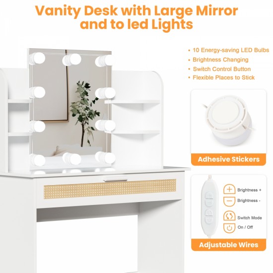 Vanity Desk Set Stool & Dressing Table with LED Lighting Mirror Drawer and Compartments Modern Wood Cosmetic Table Chest of Drawers White Color