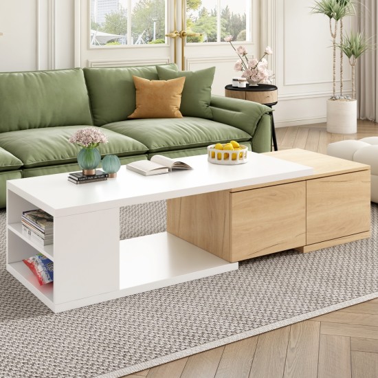 ON-TREND 47.2''-57''W Extendable Coffee Table with 2 Storage Drawers, Dual-tone Wood Center Table with Extendable Sliding Tabletop, Multi-functional Hidden Storage Sofa Table for Living Room, White