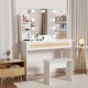 Vanity Desk Set Stool & Dressing Table with LED Lighting Mirror Drawer and Compartments Modern Wood Cosmetic Table Chest of Drawers White Color