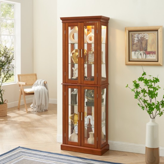 Curio Cabinet Lighted Curio Diapaly Cabinet with Adjustable Shelves and Mirrored Back Panel, Tempered Glass Doors (Walnut, 6 Tier), (E26 light bulb not included)