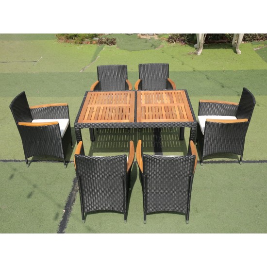 EELIFEE 7 piece Outdoor Patio Wicker Dining Set Patio Wicker Furniture Dining Set w/Acacia Wood Top