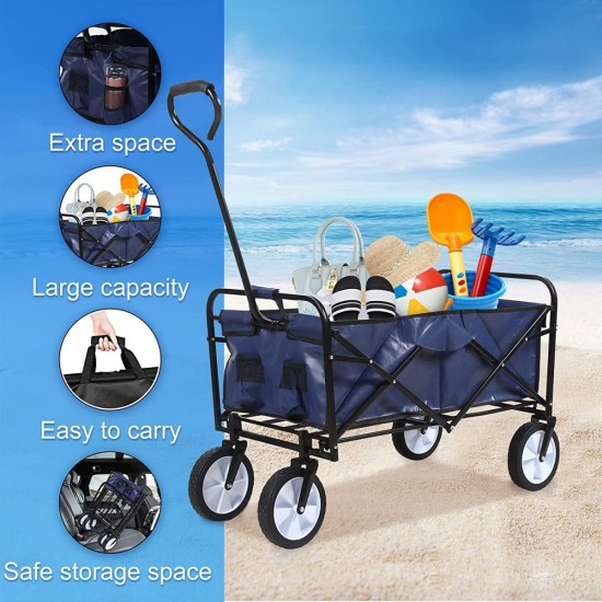 YSSOA Rolling Collapsible Garden Cart Camping Wagon, with 360 Degree Swivel Wheels & Adjustable Handle, 220lbs Weight Capacity,Blue