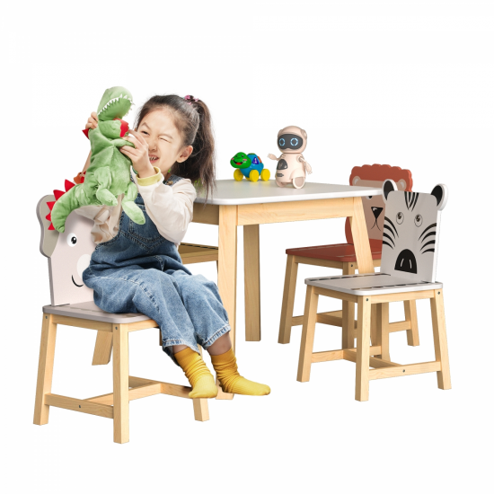 5 Piece Kiddy Table and Chair Set , Kids Wood Table with 4 Chairs Set Cartoon Animals (bigger table) (3-8 years old)