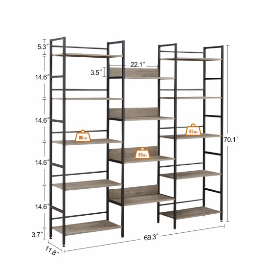 Triple Wide 5-shelf Bookshelves Industrial Retro Wooden Style Home and Office Large Open Bookshelves, Grey, 69.3