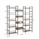 Triple Wide 5-shelf Bookshelves Industrial Retro Wooden Style Home and Office Large Open Bookshelves, Grey, 69.3