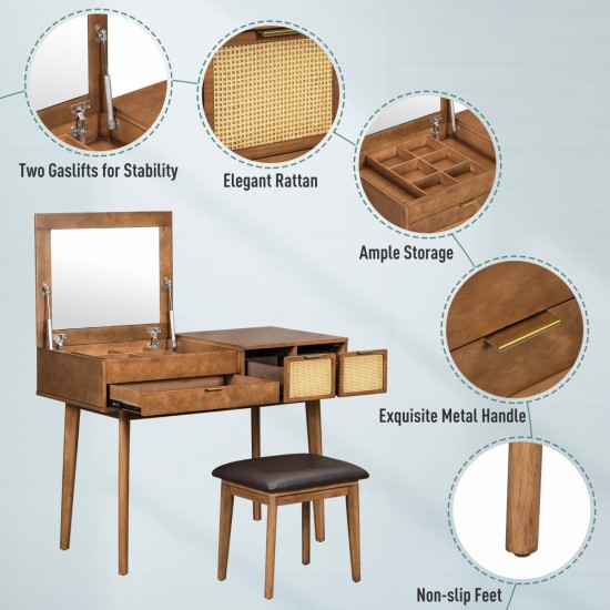 43.3 Inch Classic Wood Makeup Vanity Set with Flip-top Mirror and Stool, Dressing Table with Three Drawers and storage space, Brown