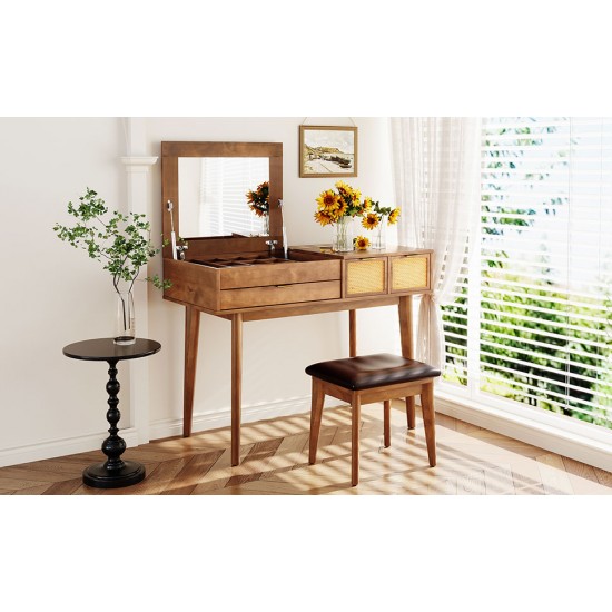 43.3 Inch Classic Wood Makeup Vanity Set with Flip-top Mirror and Stool, Dressing Table with Three Drawers and storage space, Brown