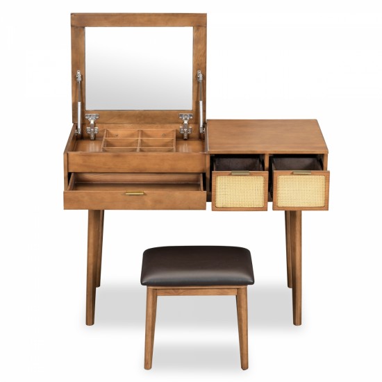 43.3 Inch Classic Wood Makeup Vanity Set with Flip-top Mirror and Stool, Dressing Table with Three Drawers and storage space, Brown