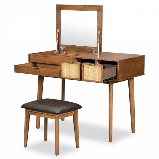 43.3 Inch Classic Wood Makeup Vanity Set with Flip-top Mirror and Stool, Dressing Table with Three Drawers and storage space, Brown