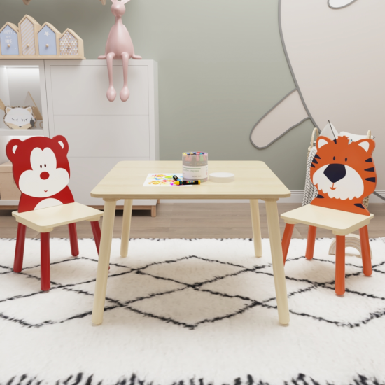 Kids Table and 2 Chairs Set, 3 Pieces Toddler Table and Chair Set, Wooden Activity Play Table Set (Bear&Tiger)