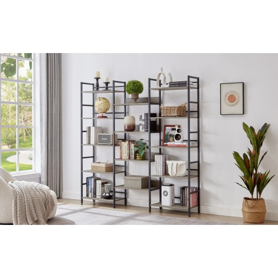 Triple Wide 5-shelf Bookshelves Industrial Retro Wooden Style Home and Office Large Open Bookshelves, Grey, 69.3