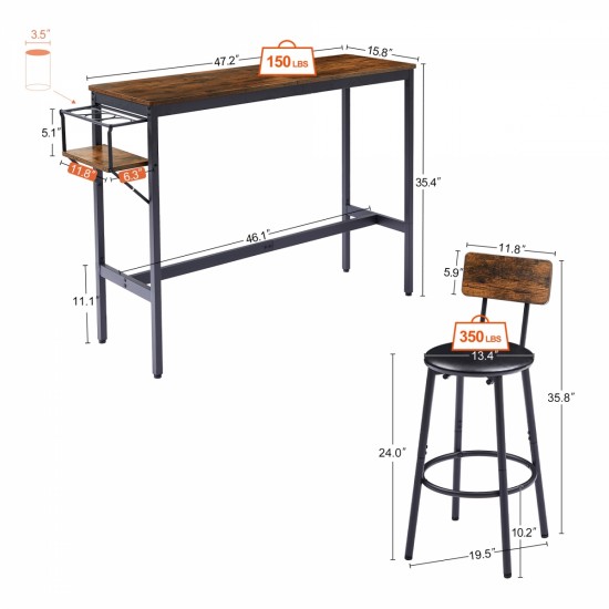 Bar Table Set with wine bottle storage rack. Rustic Brown,47.24'' L x 15.75'' W x 35.43'' H.