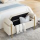 Elegant Upholstered Linen Storage Bench with Cylindrical Arms and Iron Legs for Hallway Living Room Bedroom, Beige