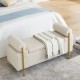 Elegant Upholstered Linen Storage Bench with Cylindrical Arms and Iron Legs for Hallway Living Room Bedroom, Beige