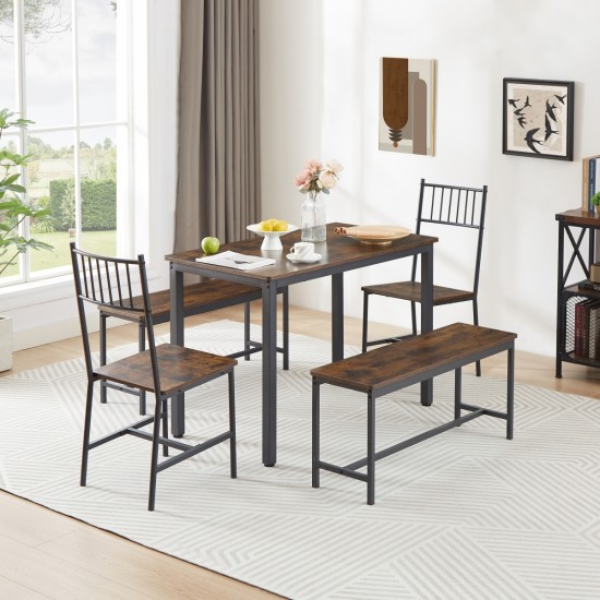 Dining Table Set, Barstool Dining Table with 2 Benches 2 Back Chairs, Industrial Dining Table for Kitchen Breakfast Table, Living Room, Party Room, Rustic Brown and Black,43.3″L x 23.6″W x 29.9″H