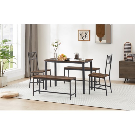 Dining Table Set, Barstool Dining Table with 2 Benches 2 Back Chairs, Industrial Dining Table for Kitchen Breakfast Table, Living Room, Party Room, Rustic Brown and Black,43.3″L x 23.6″W x 29.9″H