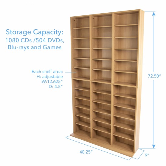 Media Shelving Unit, 6 Fixed Shelves, 30 Adjustable Shelves, Wide Base for Stability in Maple