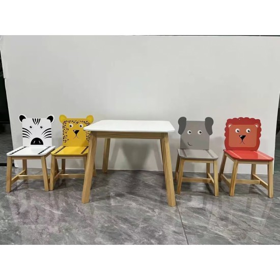 5 Piece Kiddy Table and Chair Set , Kids Wood Table with 4 Chairs Set Cartoon Animals (bigger table) (3-8 years old)