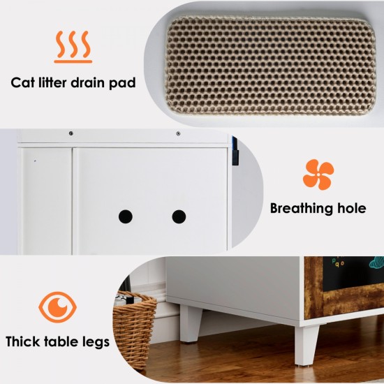 Graffiti the litter box Enclosure with 2 Storage Shelves and 1 Doors, Hidden Cat Litter Box Enclosure Furniture with Shelf, Indoor Cat House Furniture for Most of Litter Box,White