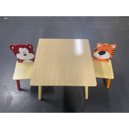 Kids Table and 2 Chairs Set, 3 Pieces Toddler Table and Chair Set, Wooden Activity Play Table Set (Bear&Tiger)