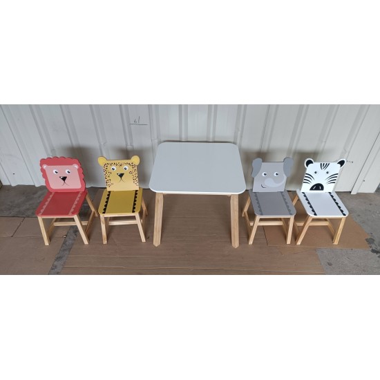 5 Piece Kiddy Table and Chair Set , Kids Wood Table with 4 Chairs Set Cartoon Animals (bigger table) (3-8 years old)