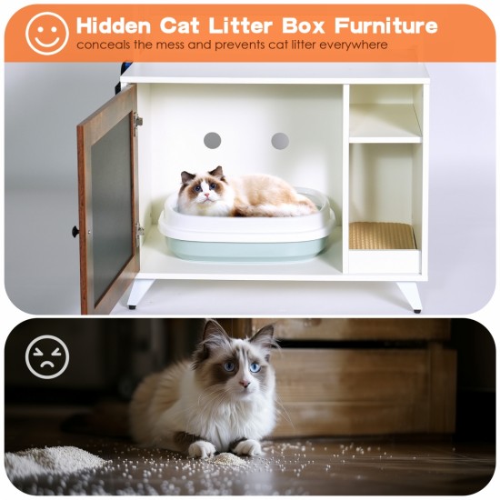 Graffiti the litter box Enclosure with 2 Storage Shelves and 1 Doors, Hidden Cat Litter Box Enclosure Furniture with Shelf, Indoor Cat House Furniture for Most of Litter Box,White