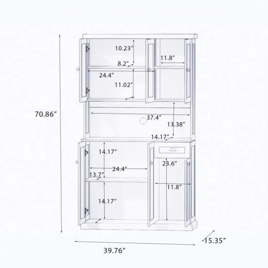 71 Inch Kitchen Pantry Storage Cabinet with Microwave Oven Countertop, Freestanding Hutch Cabinet with Adjustable Shelves, 6 Doors and 1 Drawer-White