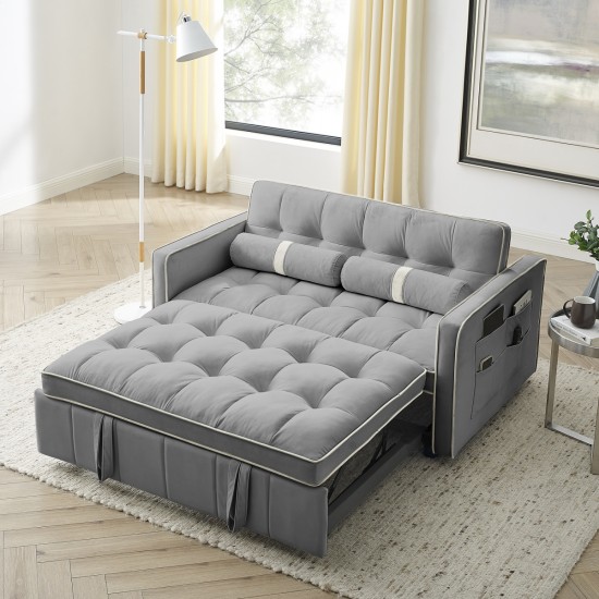 Modern 55.5 Inch Pull Out Sleep Sofa Bed 2 Seater Loveseats Sofa Couch with side pockets, Adjsutable Backrest and Lumbar Pillows for Apartment Office Living Room