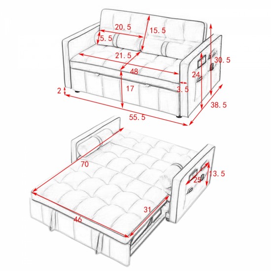 Modern 55.5 Inch Pull Out Sleep Sofa Bed 2 Seater Loveseats Sofa Couch with side pockets, Adjsutable Backrest and Lumbar Pillows for Apartment Office Living Room