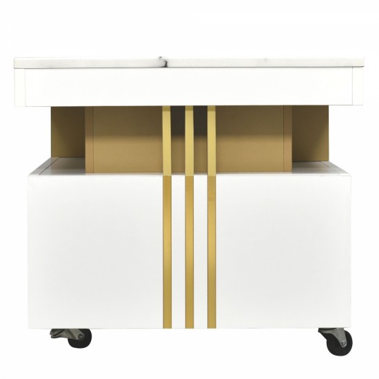 ON-TREND Contemporary Coffee Table with Faux Marble Top, Rectangle Cocktail Table with Caster Wheels, Moderate Luxury Center Table with Gold Metal Bars for Living Room, White