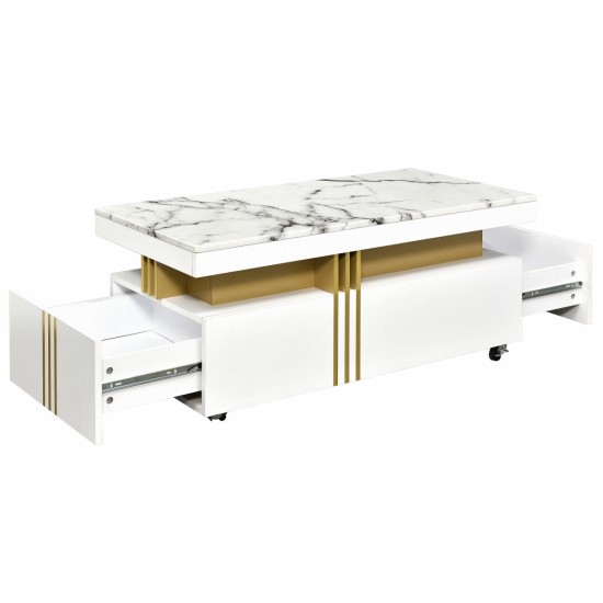 ON-TREND Contemporary Coffee Table with Faux Marble Top, Rectangle Cocktail Table with Caster Wheels, Moderate Luxury Center Table with Gold Metal Bars for Living Room, White