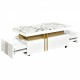 ON-TREND Contemporary Coffee Table with Faux Marble Top, Rectangle Cocktail Table with Caster Wheels, Moderate Luxury Center Table with Gold Metal Bars for Living Room, White