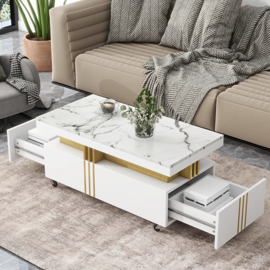 ON-TREND Contemporary Coffee Table with Faux Marble Top, Rectangle Cocktail Table with Caster Wheels, Moderate Luxury Center Table with Gold Metal Bars for Living Room, White