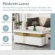 ON-TREND Contemporary Coffee Table with Faux Marble Top, Rectangle Cocktail Table with Caster Wheels, Moderate Luxury Center Table with Gold Metal Bars for Living Room, White