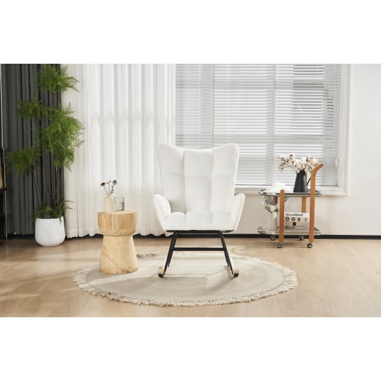 Rocking Chair Nursery, Solid Wood Legs Reading Chair with Teddy Fabric Upholstered , Nap Armchair for Living Rooms, Bedrooms, Offices, Best Gift,White Teddy fabric