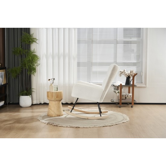 Rocking Chair Nursery, Solid Wood Legs Reading Chair with Teddy Fabric Upholstered , Nap Armchair for Living Rooms, Bedrooms, Offices, Best Gift,White Teddy fabric