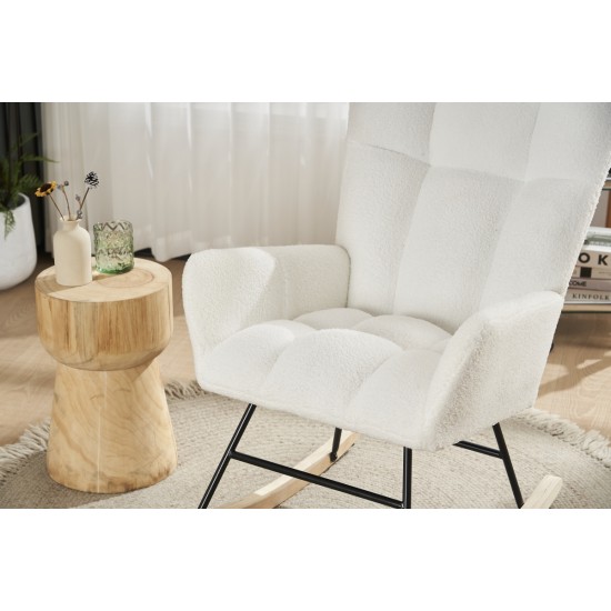 Rocking Chair Nursery, Solid Wood Legs Reading Chair with Teddy Fabric Upholstered , Nap Armchair for Living Rooms, Bedrooms, Offices, Best Gift,White Teddy fabric