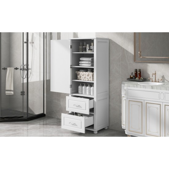 Tall Bathroom Storage Cabinet, Freestanding Storage Cabinet with Two Drawers and Adjustable Shelf, MDF Board with Painted Finish, White