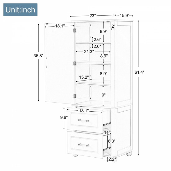 Tall Bathroom Storage Cabinet, Freestanding Storage Cabinet with Two Drawers and Adjustable Shelf, MDF Board with Painted Finish, White