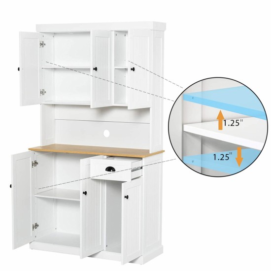 71 Inch Kitchen Pantry Storage Cabinet with Microwave Oven Countertop, Freestanding Hutch Cabinet with Adjustable Shelves, 6 Doors and 1 Drawer-White