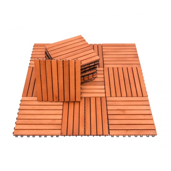 Kaia 8-Slat Reddish Brown Wood Interlocking Deck Tile (Set of 10 Tiles)